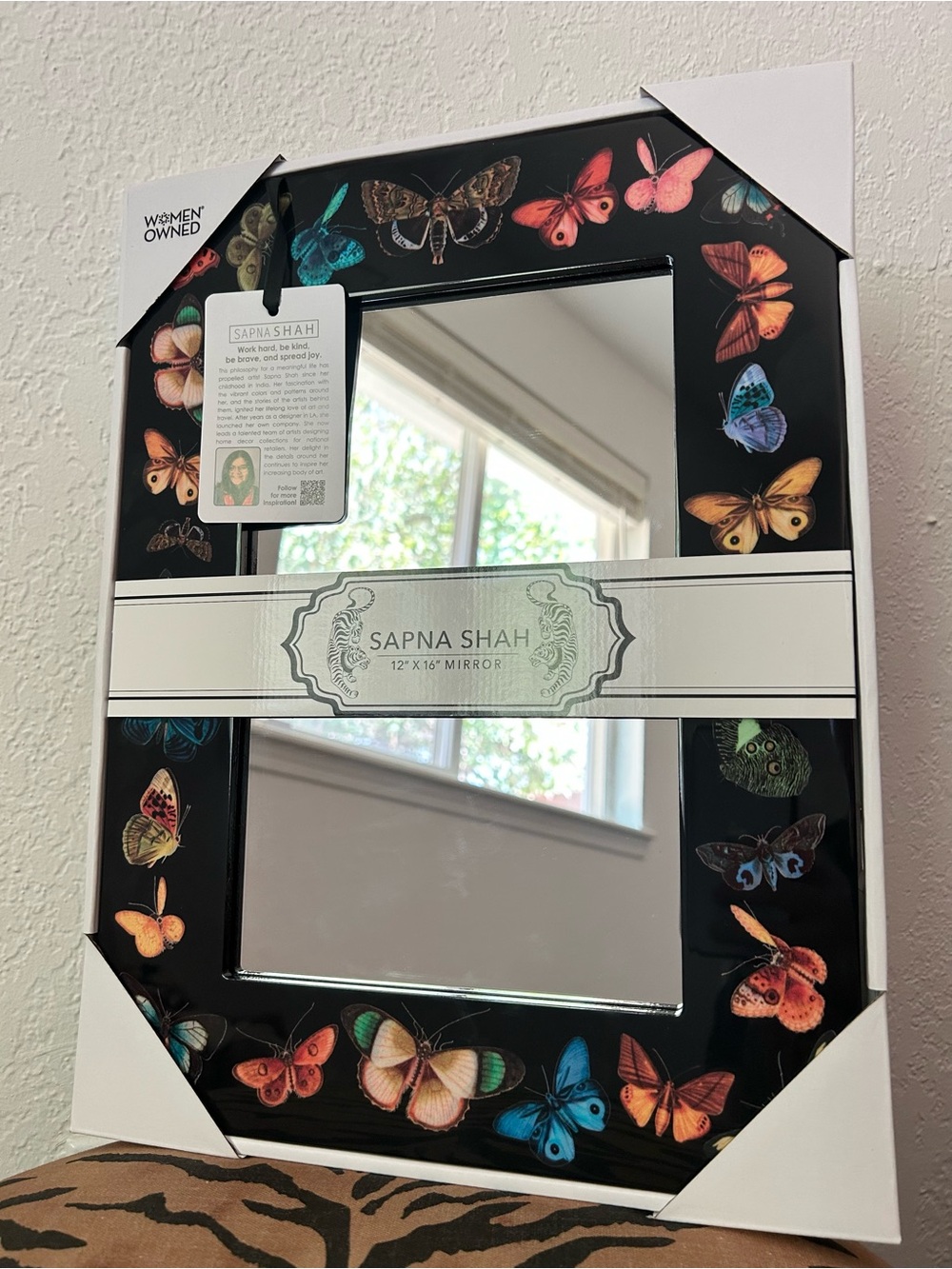 NEW Sapna Shah Black Colorful Butterfly Moth Accent Wall Mirror 12”x16”